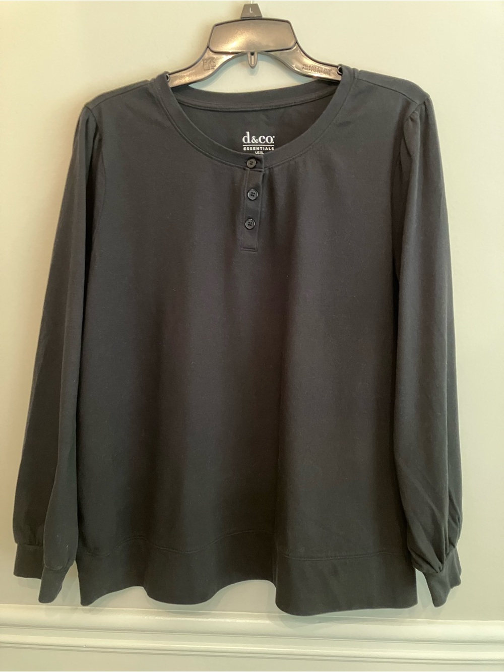 Denim & Company Essentials XL NWOT Henley Tee Black long sleeves button neckline